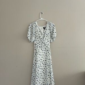 DKNY White Wrap Midi Dress with Puff Sleeves